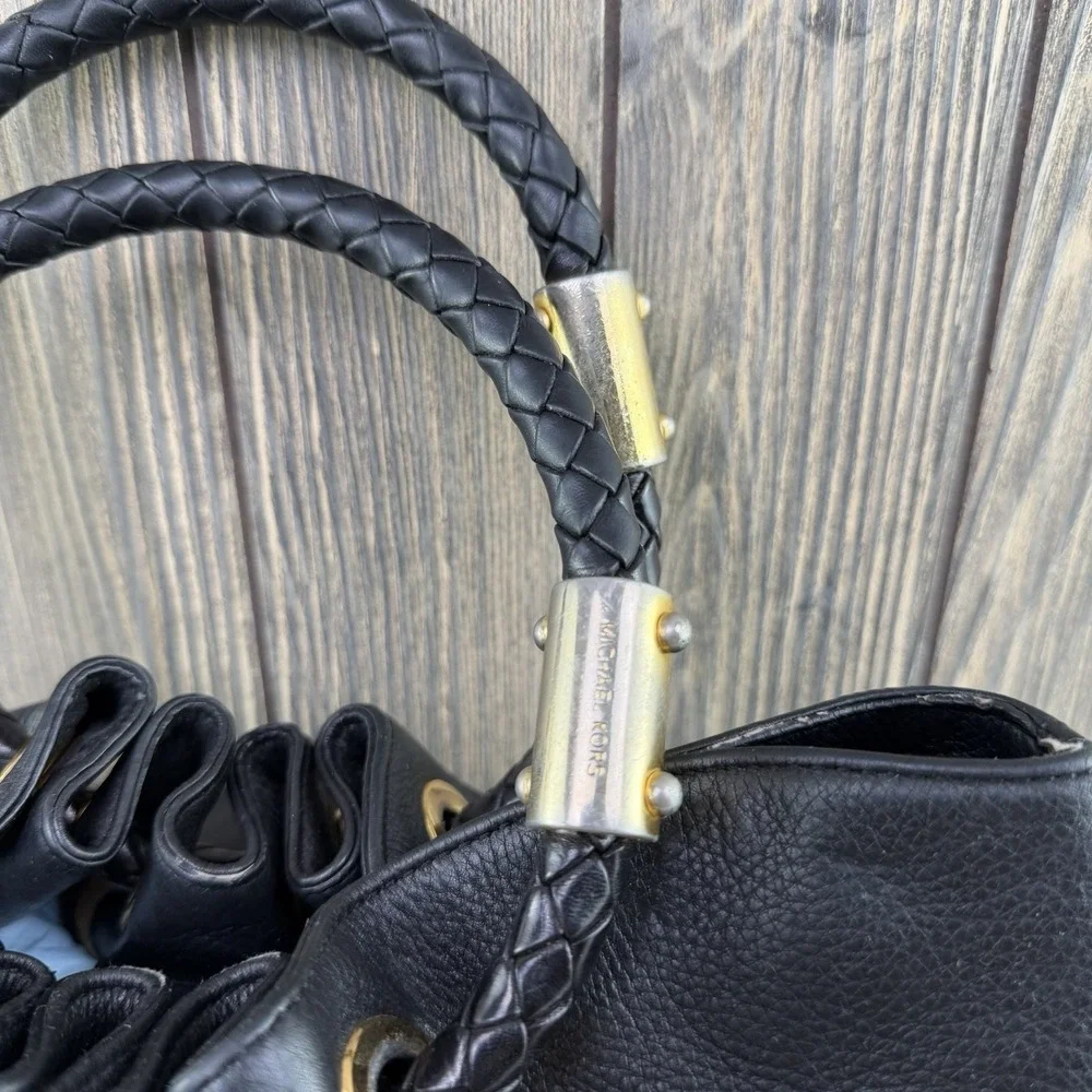Michael Kors Black Leather Drawstring Satchel Bag Braided Handles Large RARE